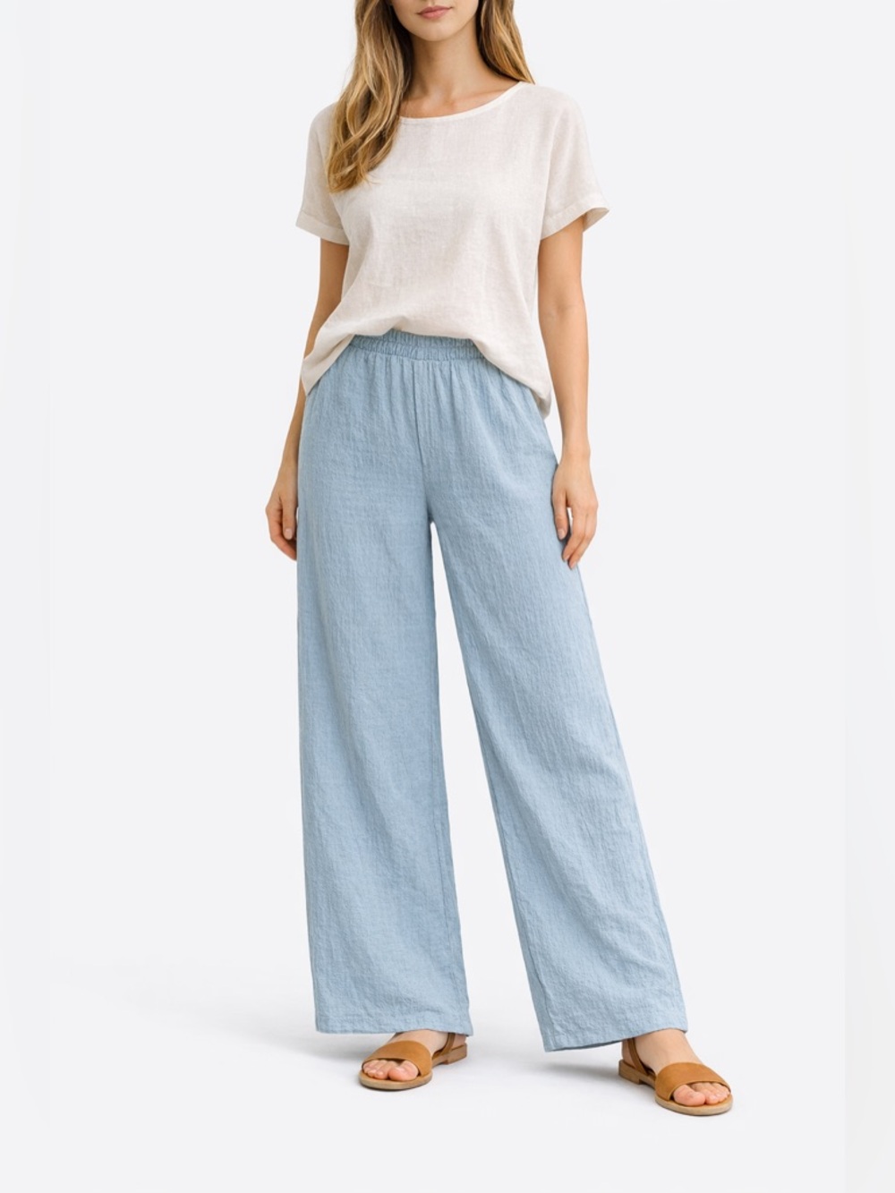Alice Collins Pants 12 Wide Leg‎ Textured Blue Pull On Waist Lounge Lagenlook